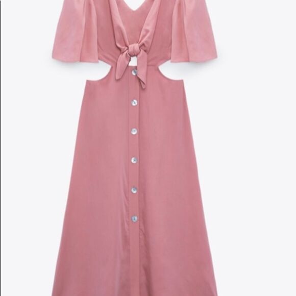 NEW ZARA Y2K boho pink cut out tied front Short sleeves buttons midi dress M - Picture 4 of 13